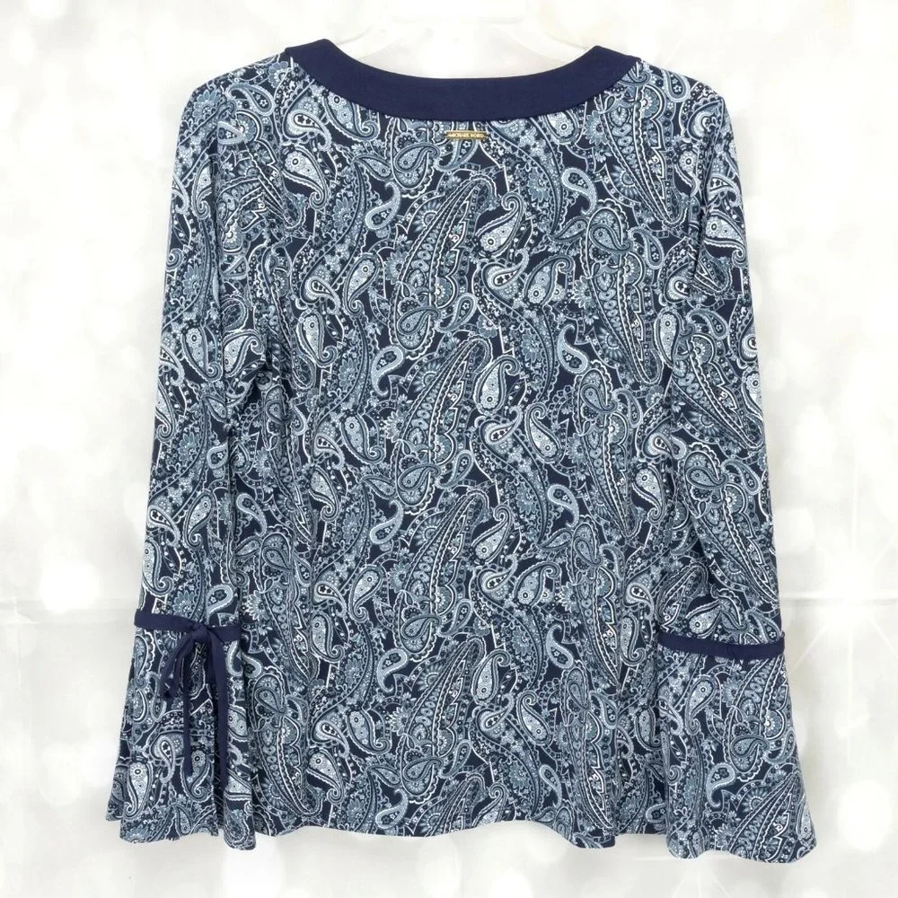 Michael Kors Paisley V-Neck Pull Over Long Sleeve Blouse Top W/Sleeve Ties - Picture 7 of 7